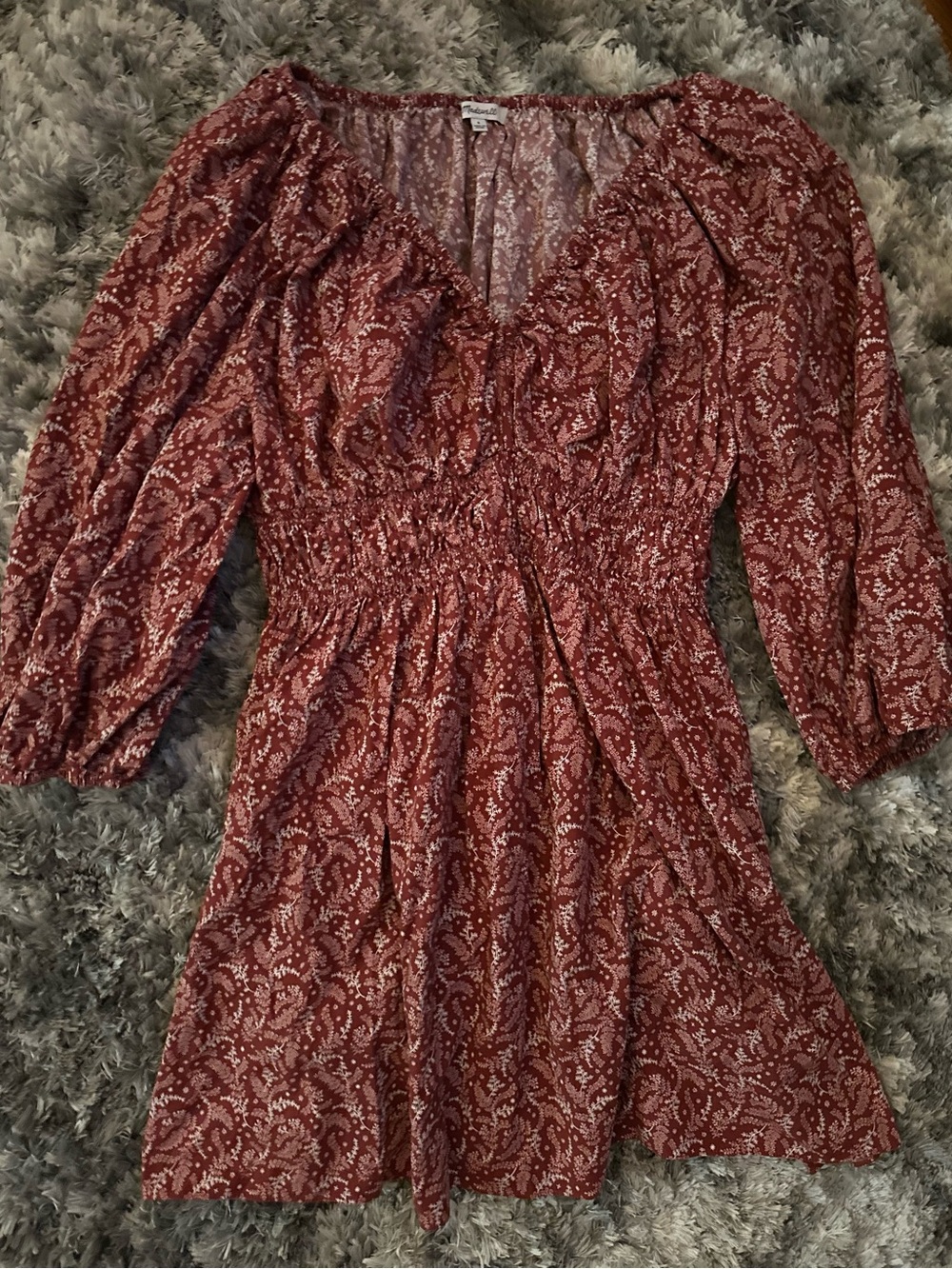 Madewell Rust Paisley V-Neck Smocked Mini Dress